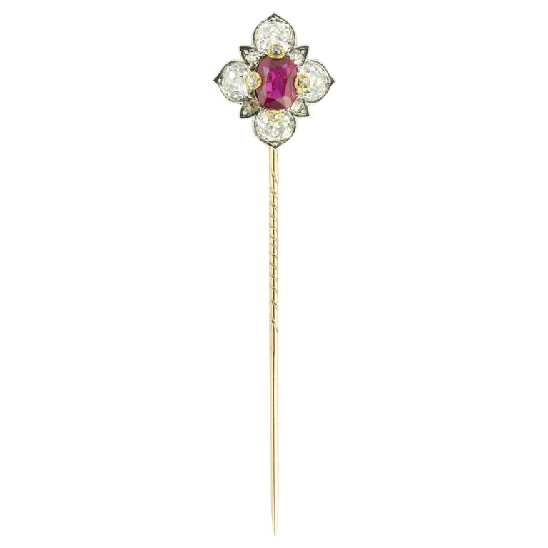 Victorian Ruby and Diamond Cluster Stick Pin
