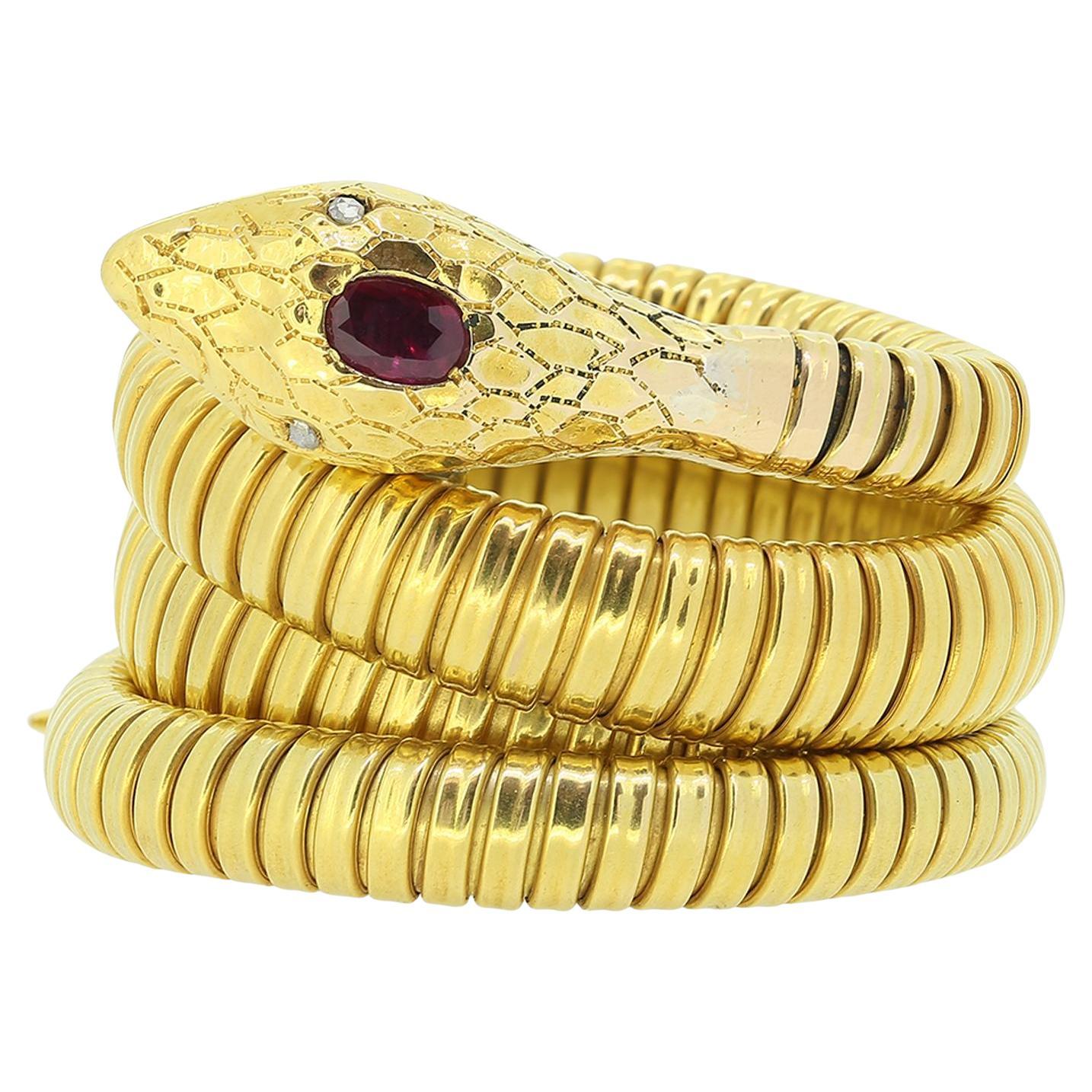 Victorian Ruby and Diamond Coiled Snake Bracelet For Sale