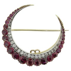 Victorian Ruby and Diamond Crescent Brooch Pendant