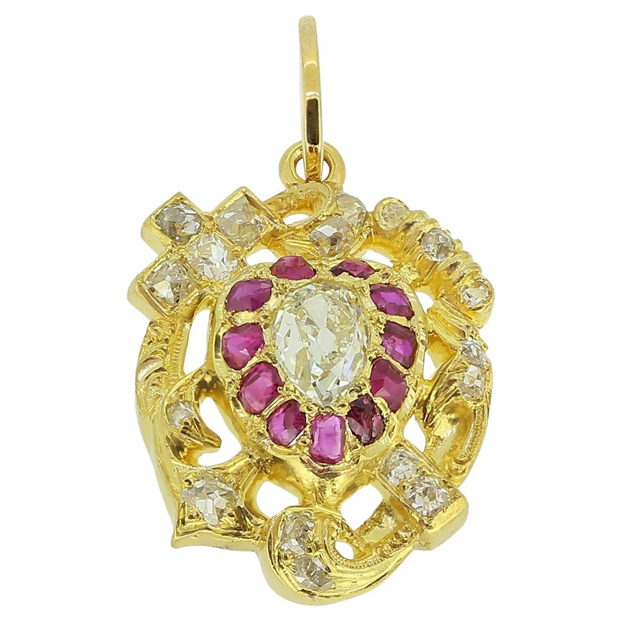 Colgante Victoriano de Rubí y Cruz de Diamantes en venta
