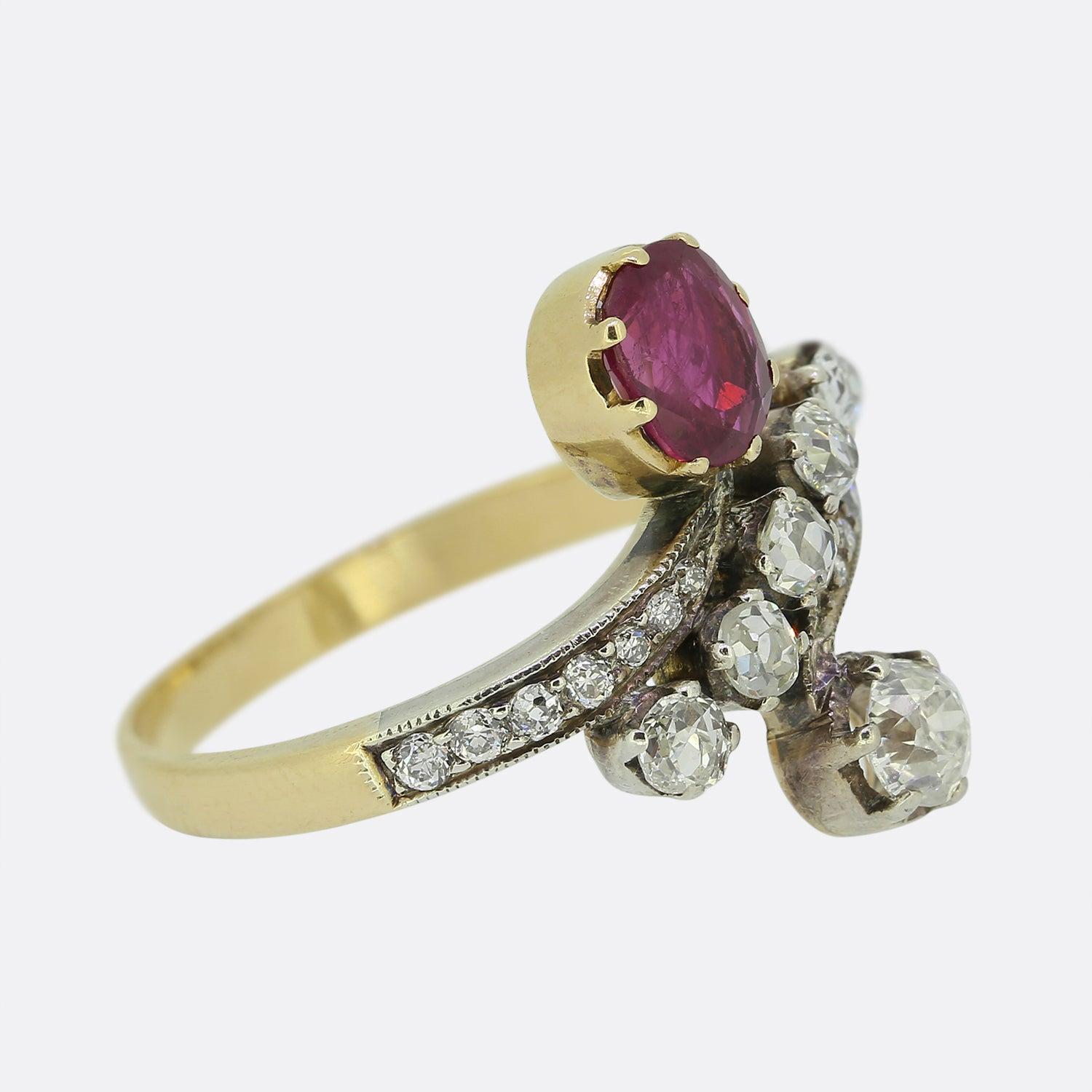Oval Cut Victorian Ruby and Diamond Crossover Ring