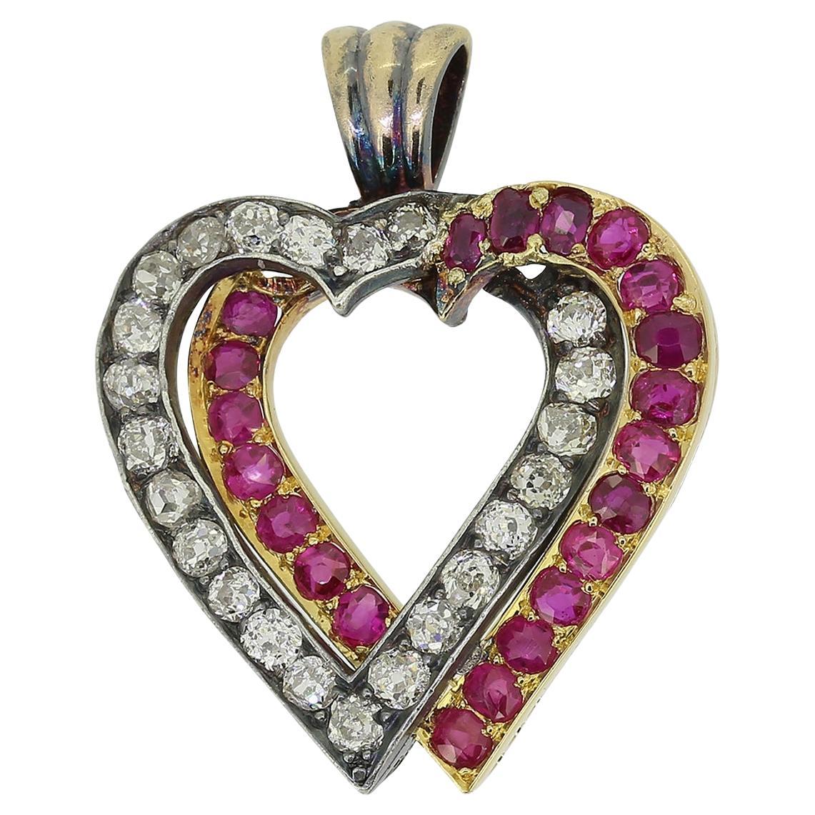 Victorian Ruby and Diamond Double Heart Pendant For Sale