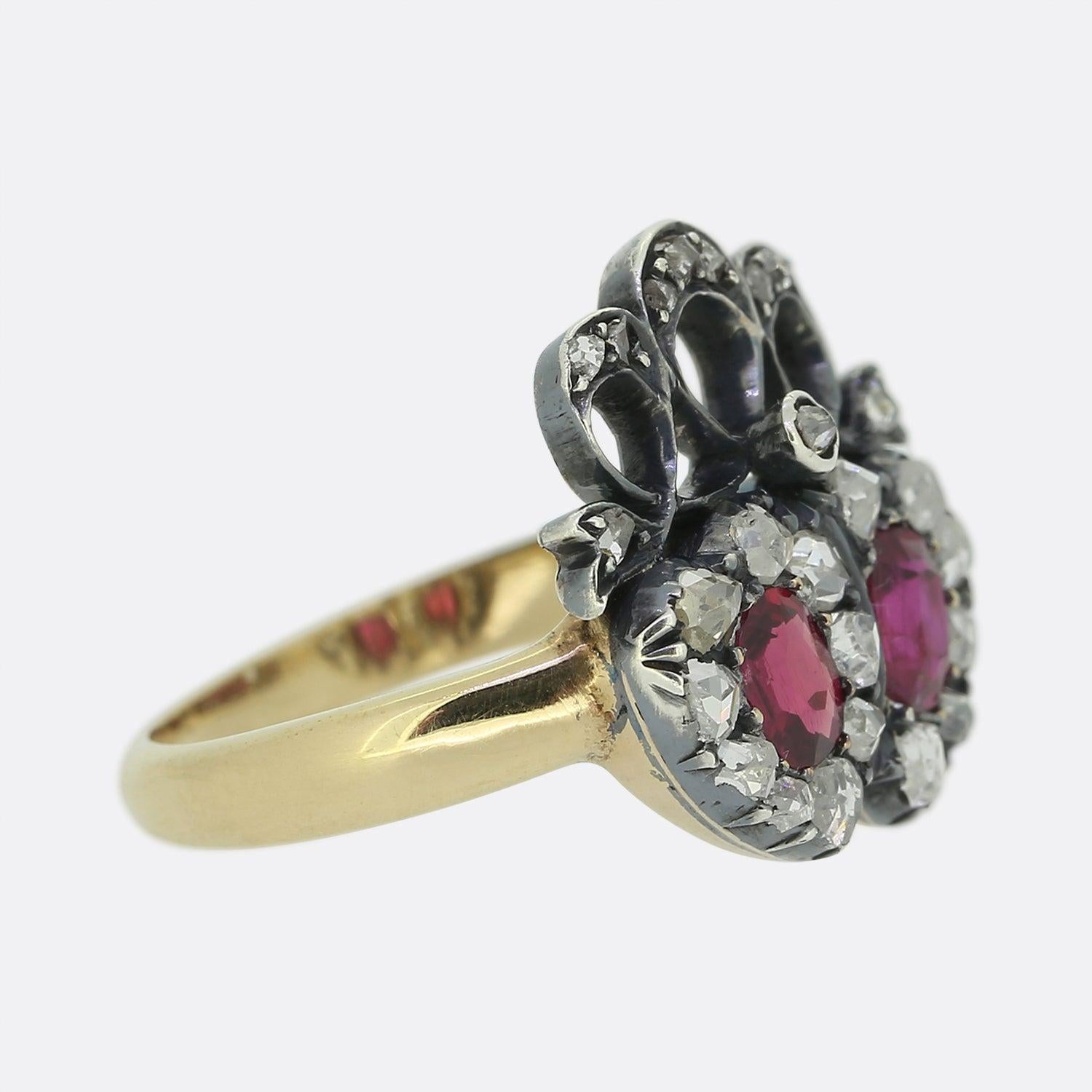 Oval Cut Victorian Ruby and Diamond Double Heart Ring For Sale