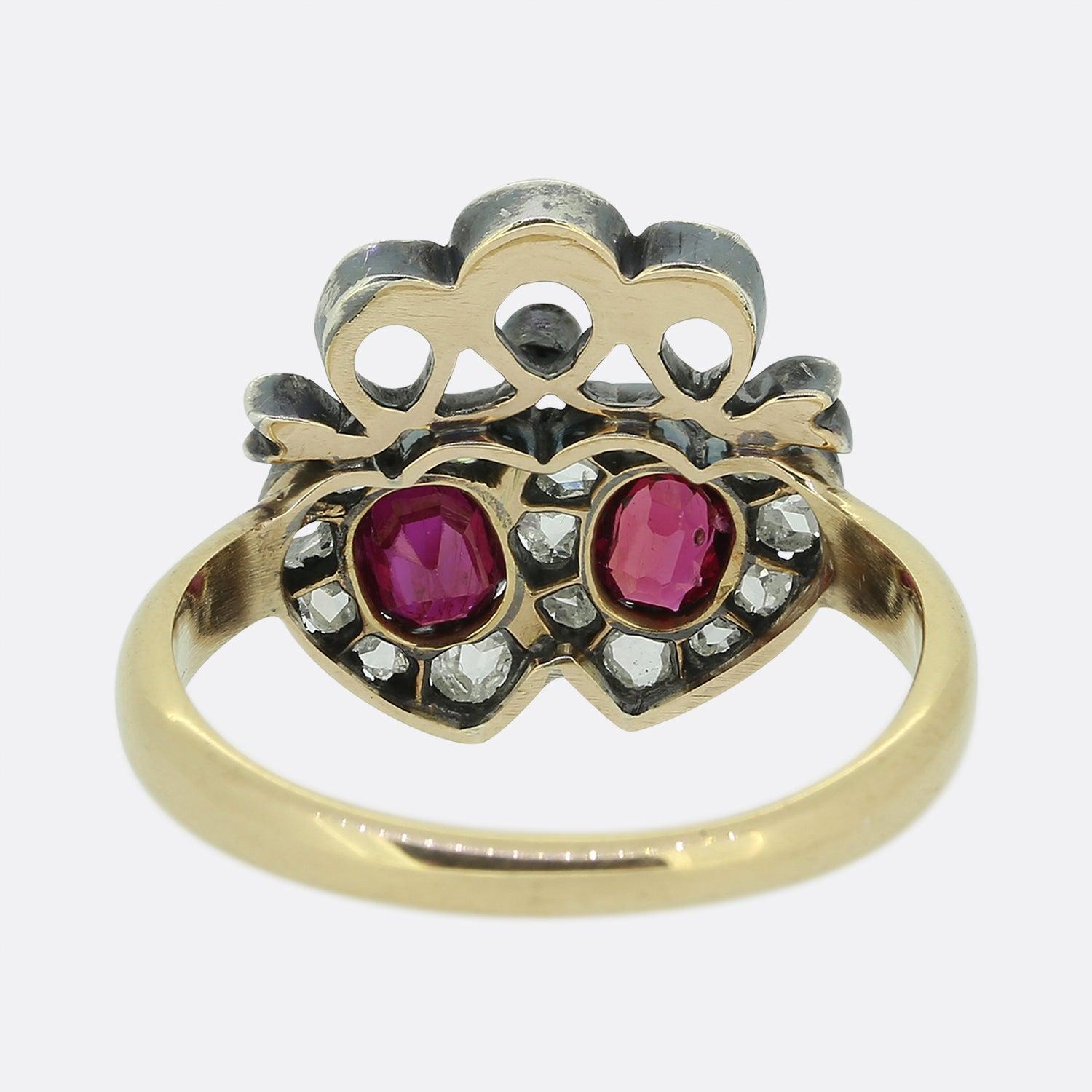 Victorian Ruby and Diamond Double Heart Ring In Good Condition For Sale In London, GB