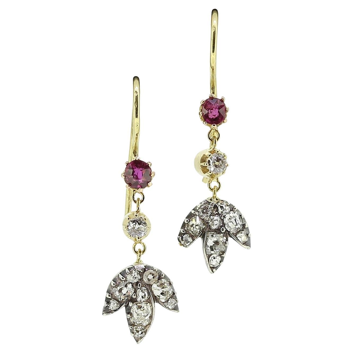 Victorian Ruby and Diamond Drop Earrings For Sale