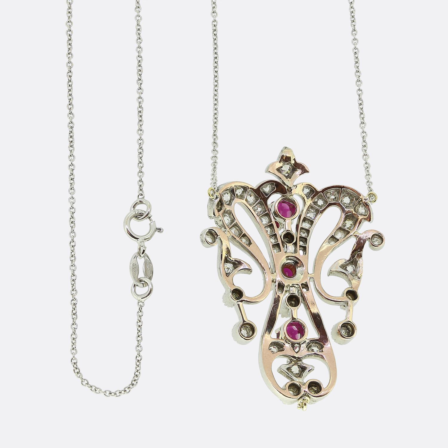 Round Cut Victorian Ruby and Diamond Drop Necklace For Sale