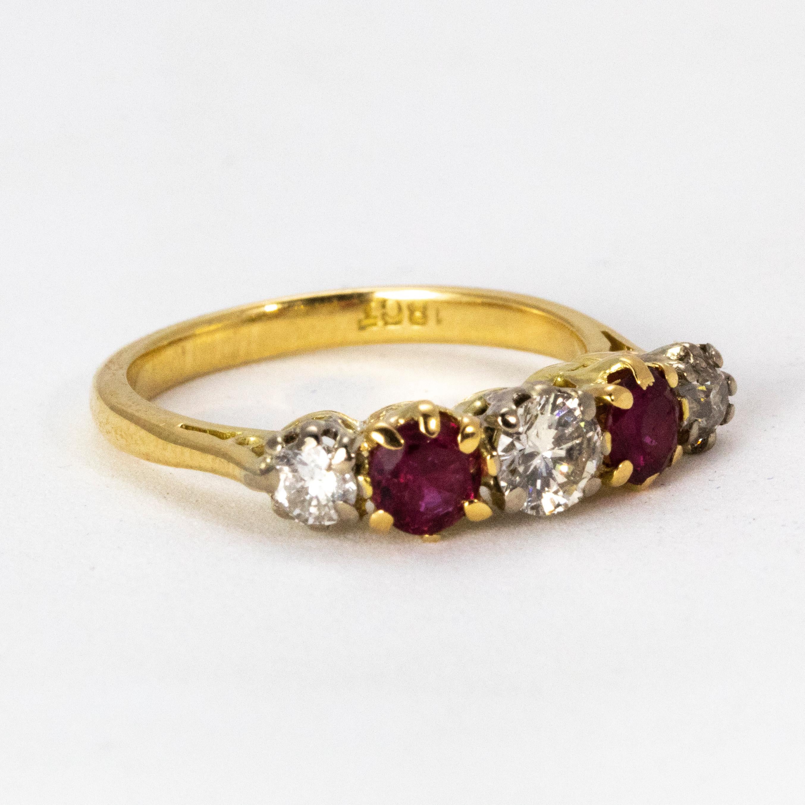 Women's or Men's Victorian Ruby and Diamond Five-Stone Ring in 18 Karat Yellow Gold