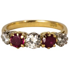 Victorian Ruby and Diamond Five-Stone Ring in 18 Karat Yellow Gold