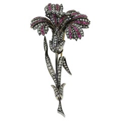 Antique Victorian Ruby and Diamond Flower Brooch