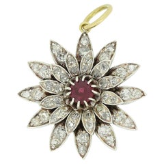 Antique Victorian Ruby and Diamond Flower Pendant