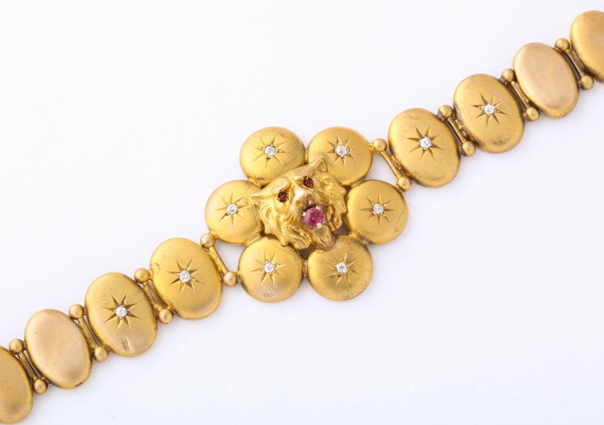 Viktorianisch  Löwenarmband aus 14 Karat Gold mit Rubin und Diamanten (Rosenschliff)