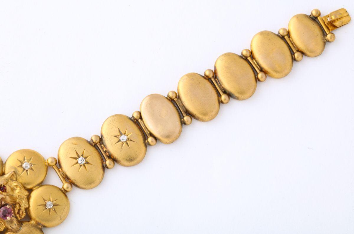 Viktorianisch  Löwenarmband aus 14 Karat Gold mit Rubin und Diamanten im Zustand „Gut“ im Angebot in New York, NY
