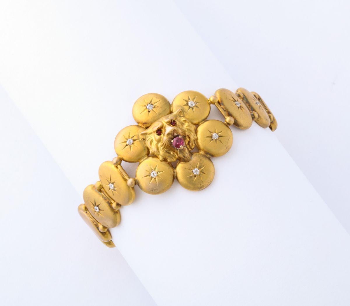Viktorianisch  Löwenarmband aus 14 Karat Gold mit Rubin und Diamanten im Angebot 1