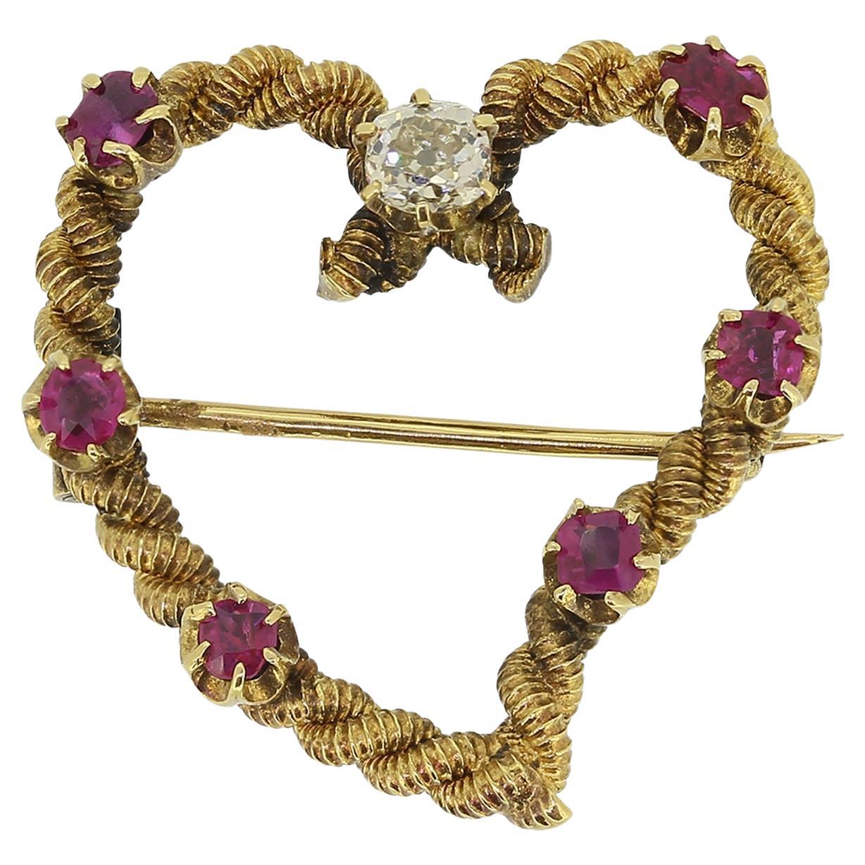 Victorian Ruby and Diamond Heart Brooch For Sale