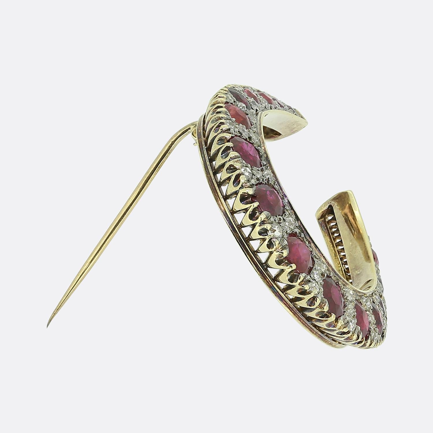 Old Mine Cut Victorian Ruby and Diamond Horseshoe Brooch For Sale