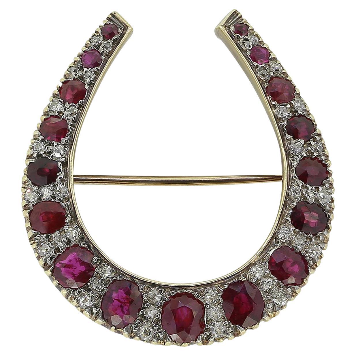 Victorian Ruby and Diamond Horseshoe Brooch For Sale