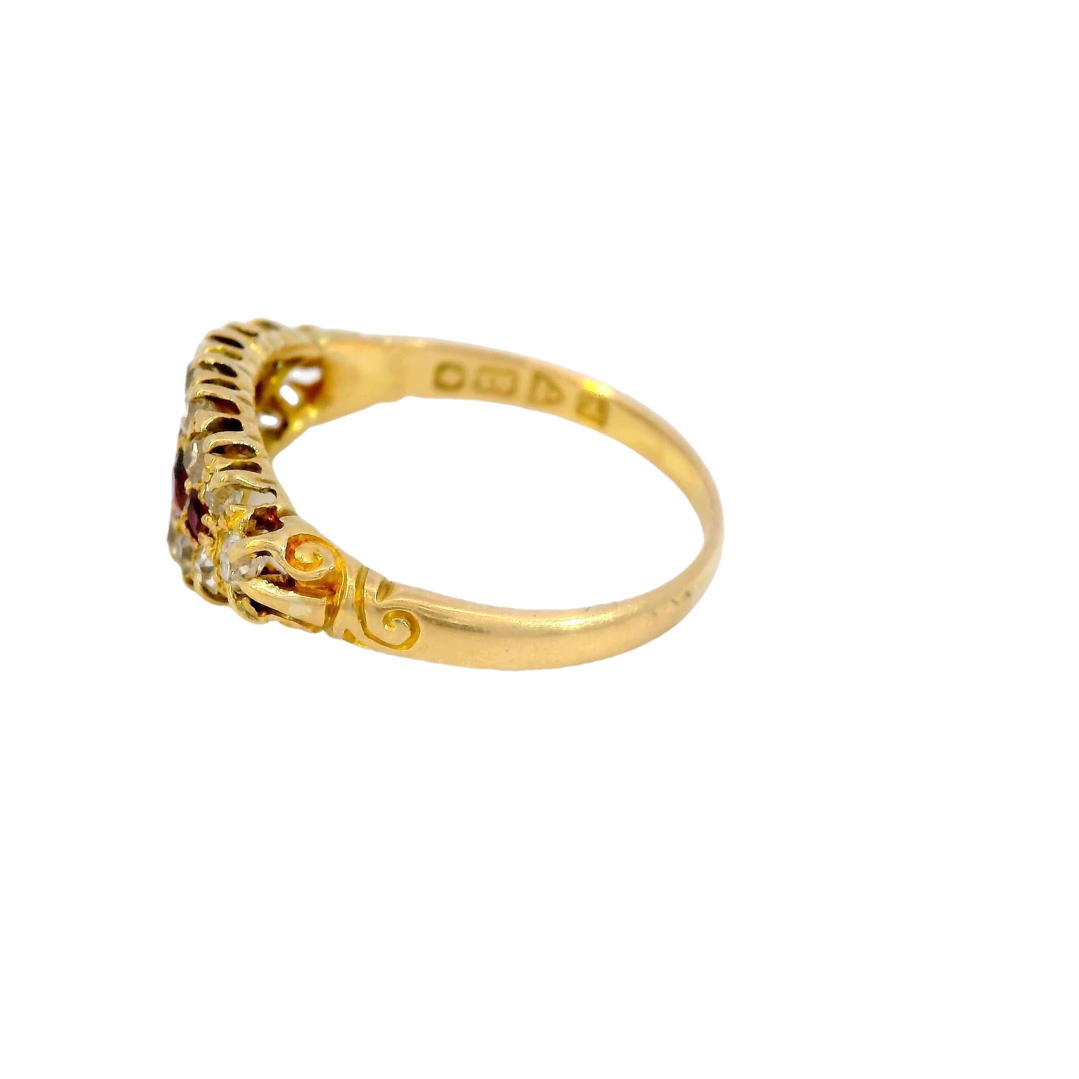 This Ruby and Diamond Band Ring is not just a beautiful piece of jewelry; it's a connection to the elegance and craftsmanship of the Victorian era. The combination of rich, oval-cut rubies and luminous old mine-cut diamonds makes this ring stand
