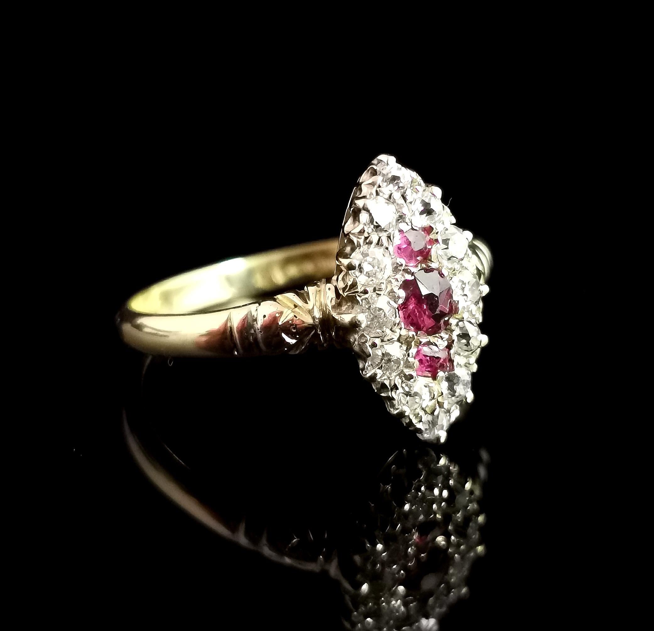 Victorian Ruby and Diamond Navette Ring, 18 Karat Yellow Gold 7