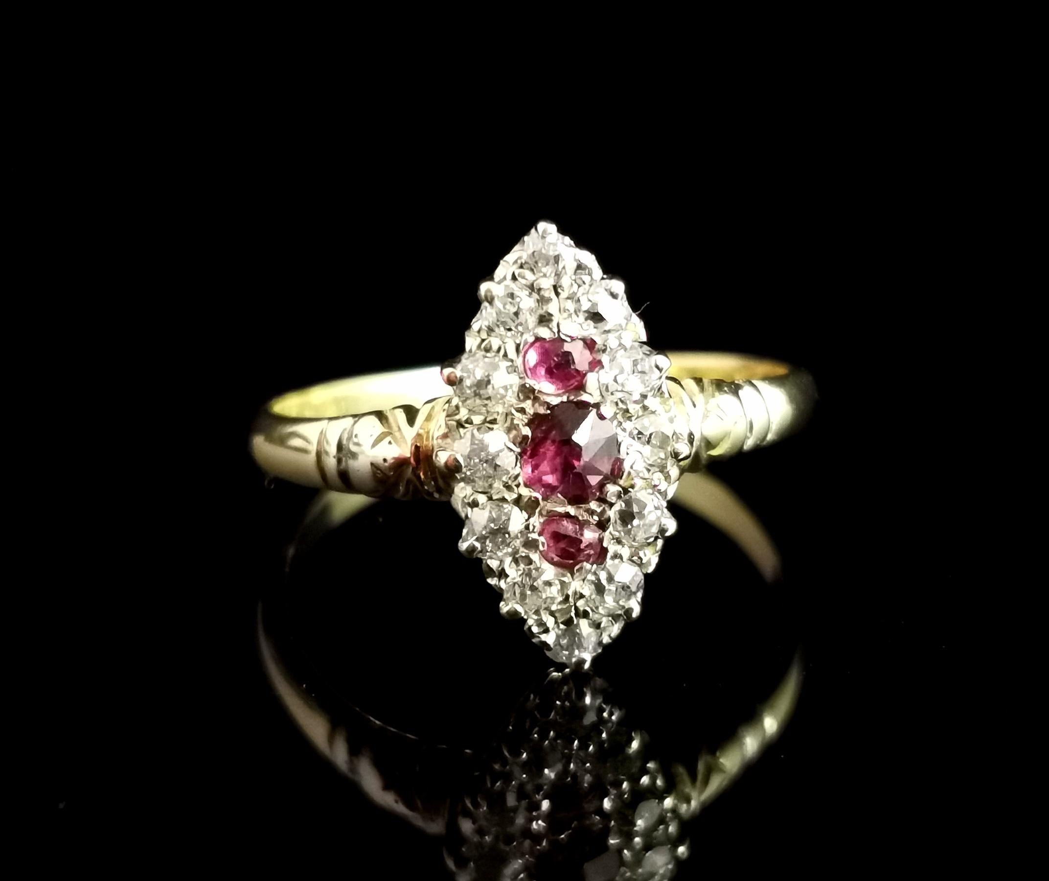 Victorian Ruby and Diamond Navette Ring, 18 Karat Yellow Gold 8