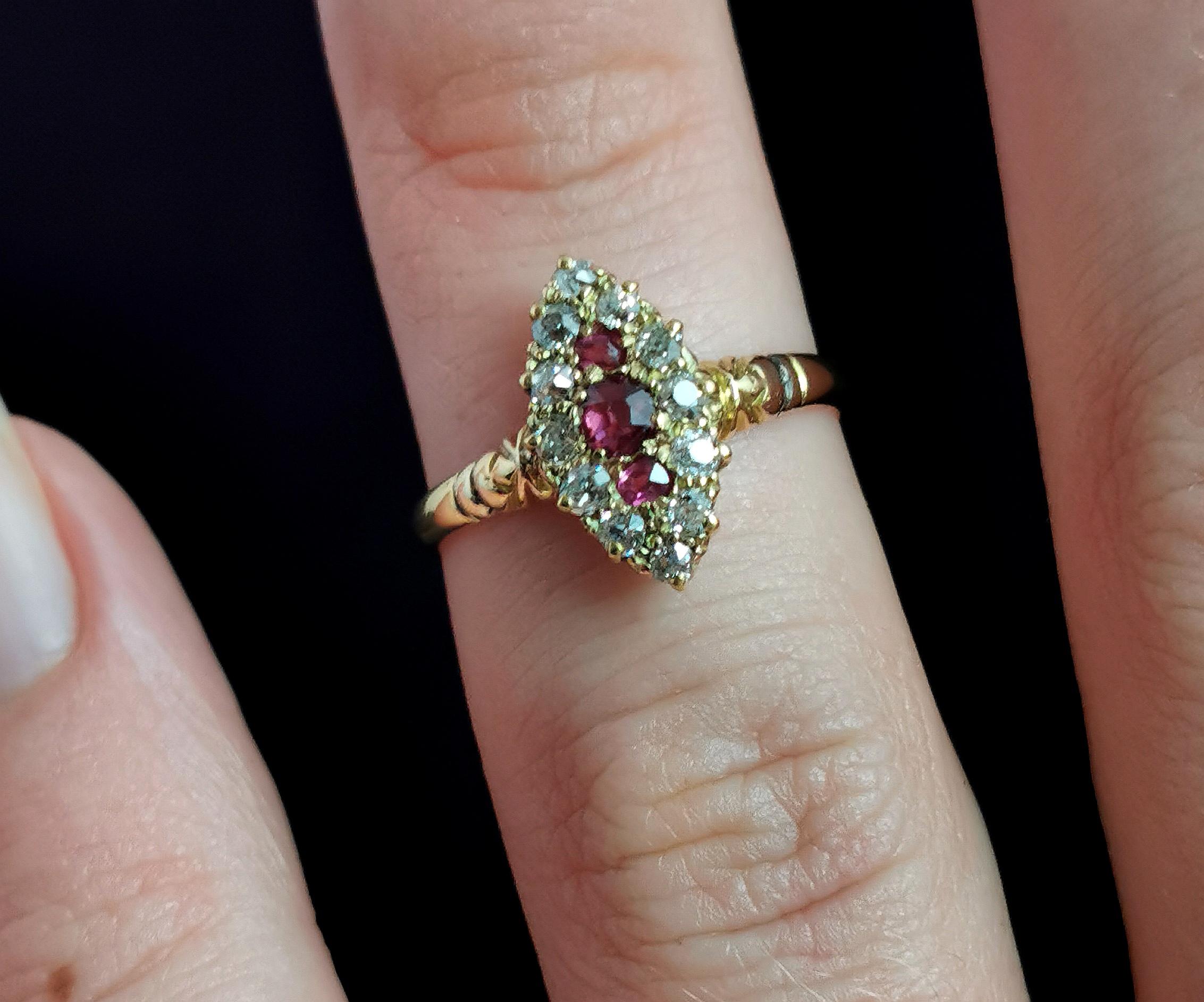 Victorian Ruby and Diamond Navette Ring, 18 Karat Yellow Gold 9