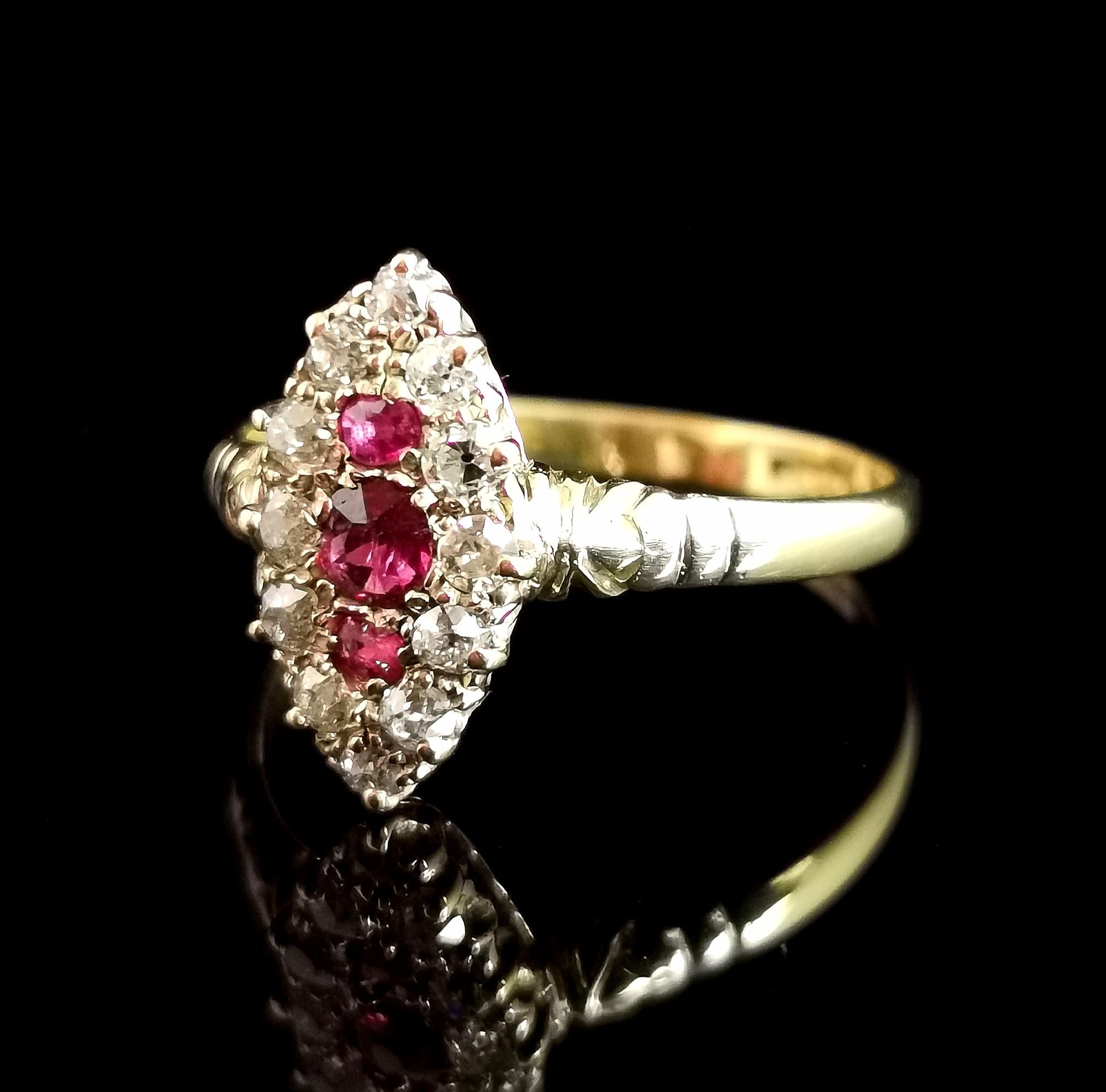 Old Mine Cut Victorian Ruby and Diamond Navette Ring, 18 Karat Yellow Gold