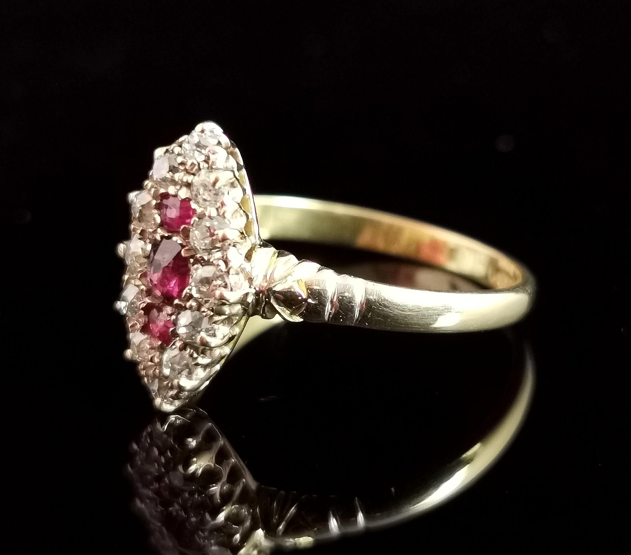 Victorian Ruby and Diamond Navette Ring, 18 Karat Yellow Gold In Fair Condition In NEWARK, GB