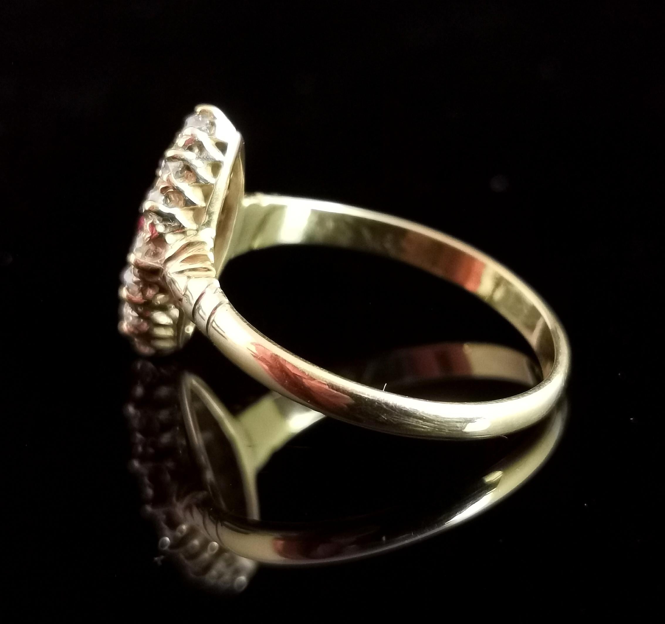 Women's Victorian Ruby and Diamond Navette Ring, 18 Karat Yellow Gold