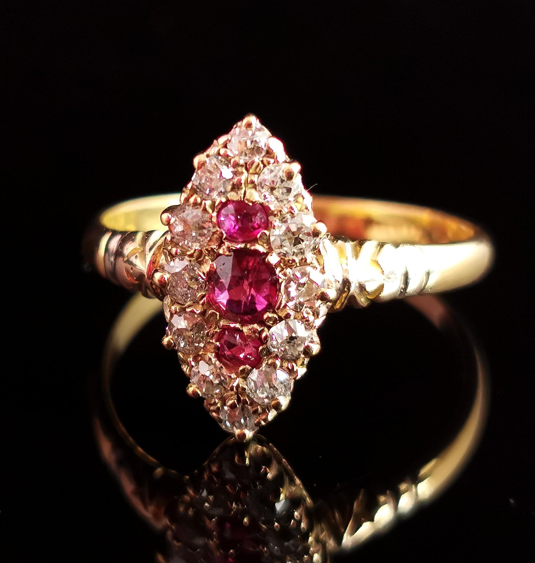 Victorian Ruby and Diamond Navette Ring, 18 Karat Yellow Gold 1