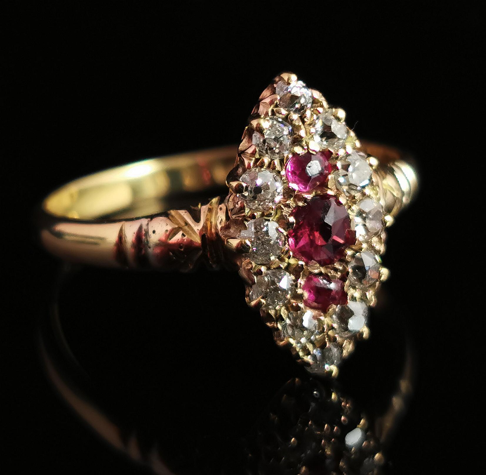 Victorian Ruby and Diamond Navette Ring, 18 Karat Yellow Gold 2