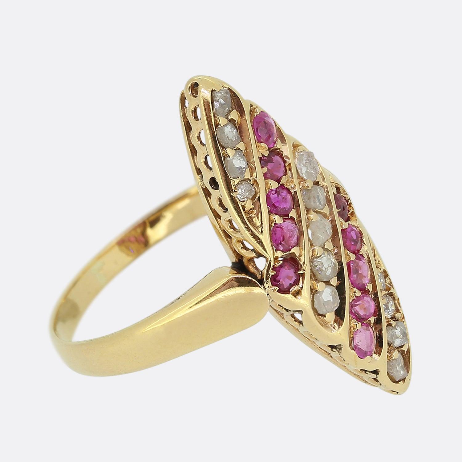 Round Cut Victorian Ruby and Diamond Navette Ring For Sale