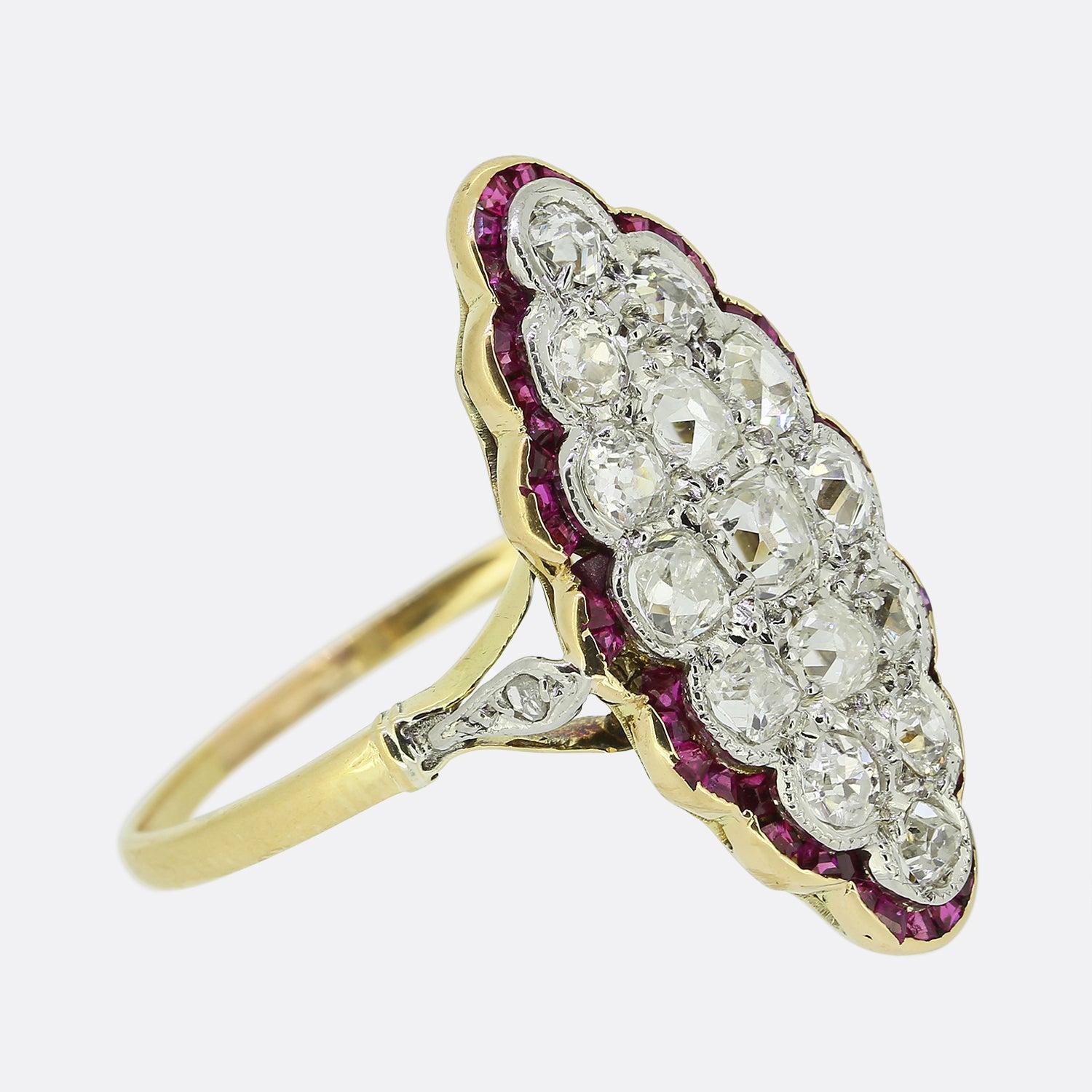 Square Cut Victorian Ruby and Diamond Navette Ring For Sale