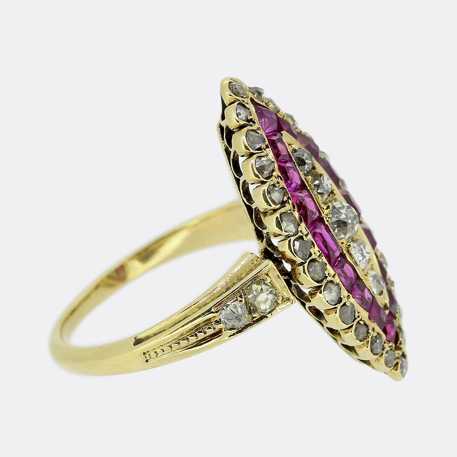 Square Cut Victorian Ruby and Diamond Navette Ring For Sale