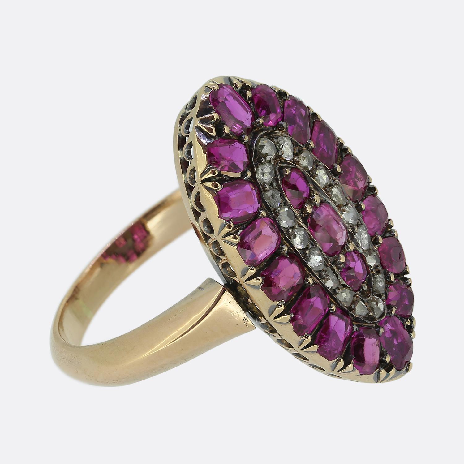Rose Cut Victorian Ruby and Diamond Navette Ring For Sale