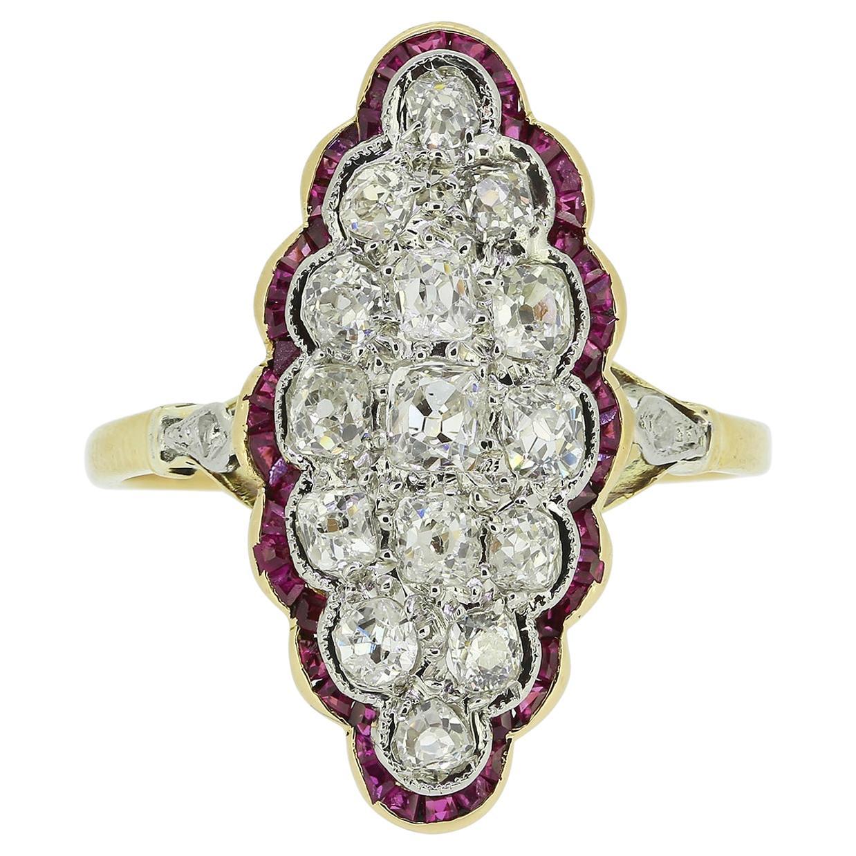 Victorian Ruby and Diamond Navette Ring For Sale