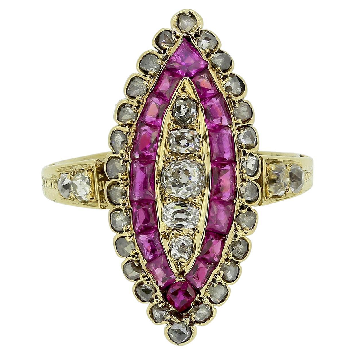 Victorian Ruby and Diamond Navette Ring For Sale