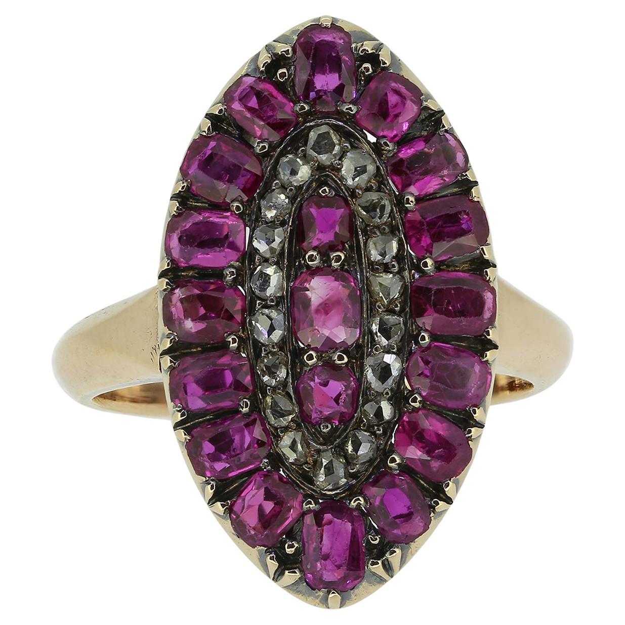 Victorian Ruby and Diamond Navette Ring For Sale