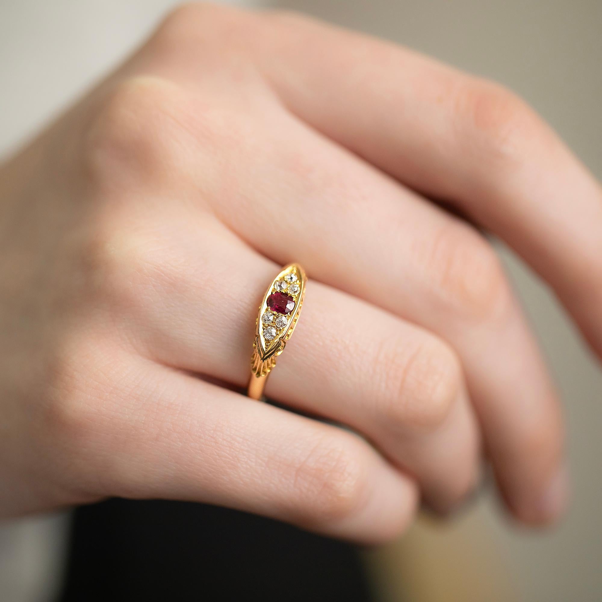 Victorian Ruby and Diamond scrolled half-hoop gypsy style ring – Hallmarked Chester 1895 and with Maker mark C. Bros.
Traditionally, these rings were given as a friendship band, as a gift to either young girls or by lovers and husbands. A simple and