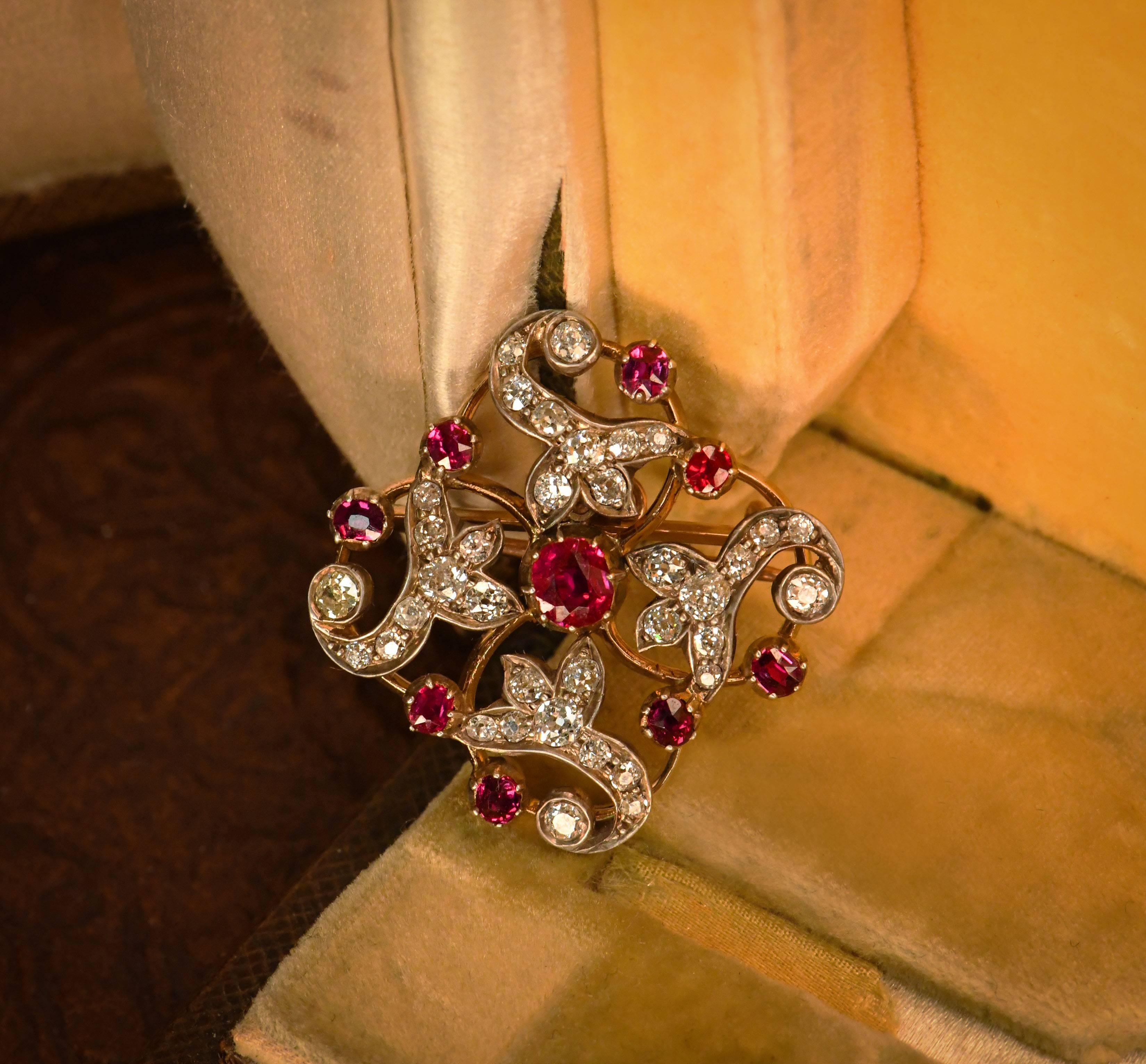 Old European Cut Victorian Ruby and Diamond Silver and Yellow Gold Brooch