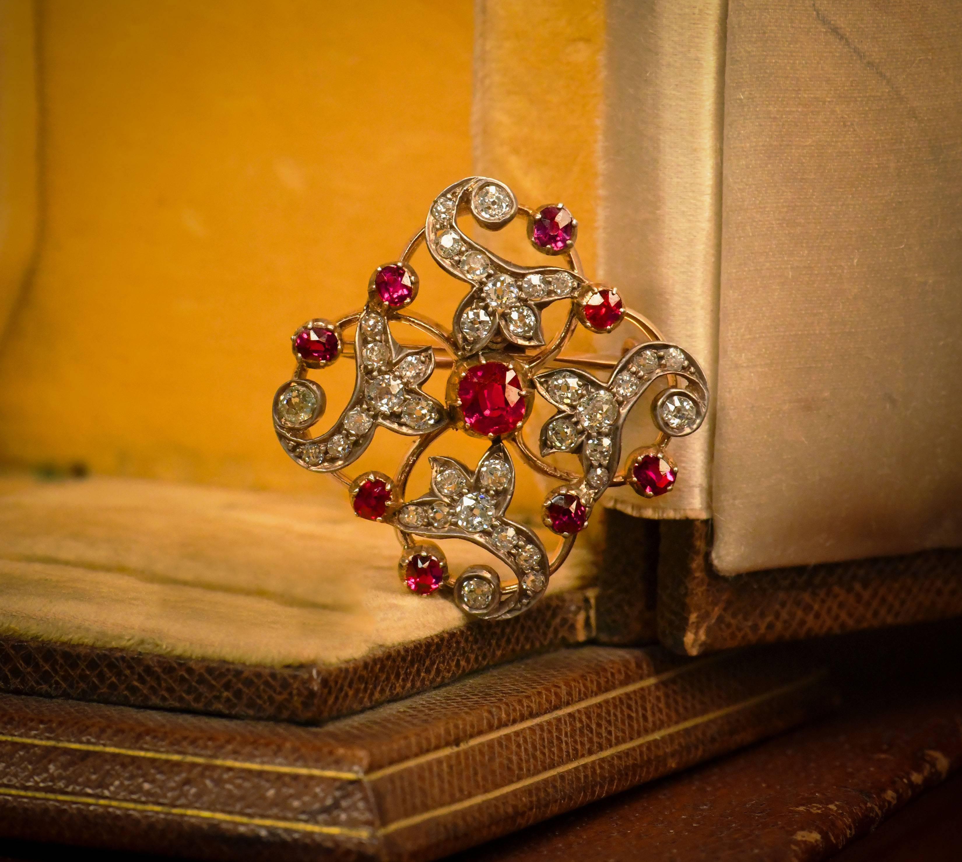 Women's Victorian Ruby and Diamond Silver and Yellow Gold Brooch