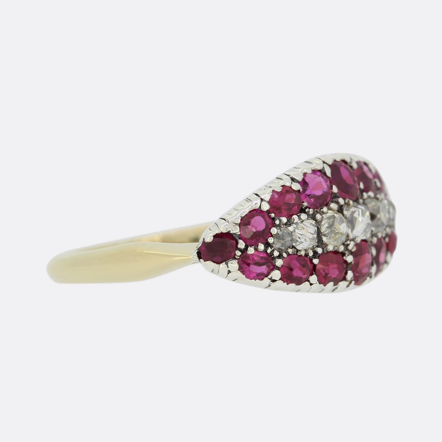 Round Cut Victorian Ruby and Diamond Three Row Band For Sale