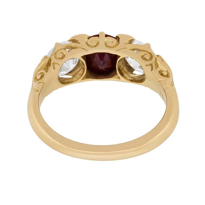 Women's or Men's Victorian Ruby and Diamond Three-Stone Ring, circa 1880s