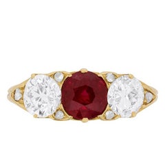 Victorian Ruby and Diamond Three-Stone Ring, circa 1880s