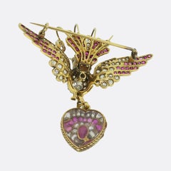 Victorian Ruby and Diamond Treblant Bird Brooch and Heart Locket