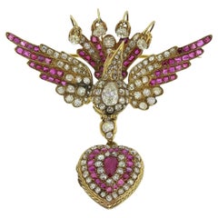 Victorian Ruby and Diamond Treblant Bird Brooch and Heart Locket