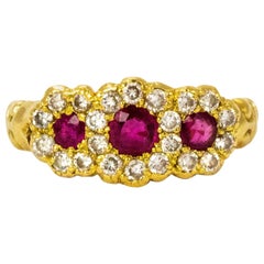 Victorian Ruby and Diamond Triple Cluster 18 Carat Gold Ring