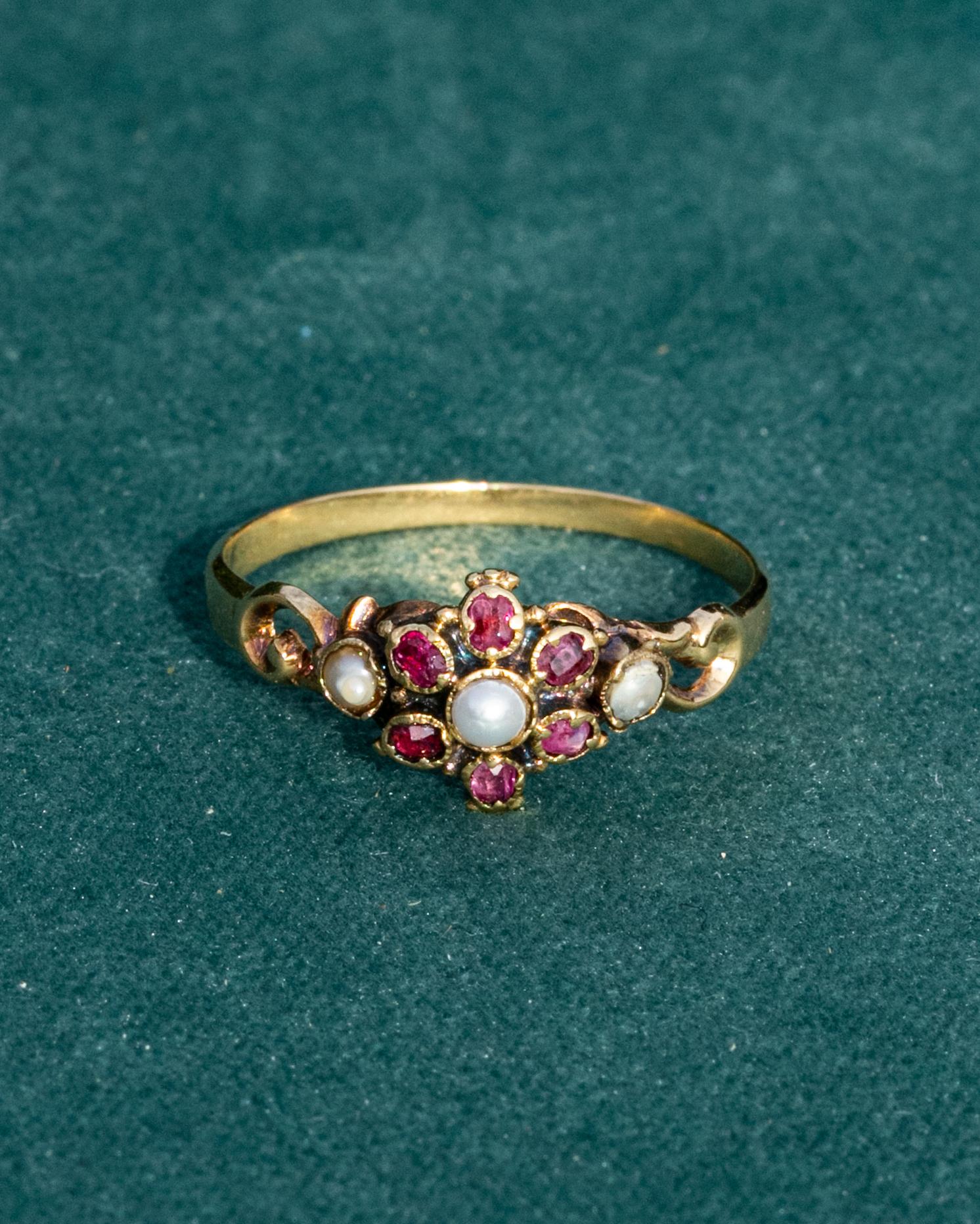 Women's Victorian Ruby and Pearl 15 Carat Gold Cluster Ring