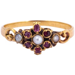 Victorian Ruby and Pearl 15 Carat Gold Cluster Ring