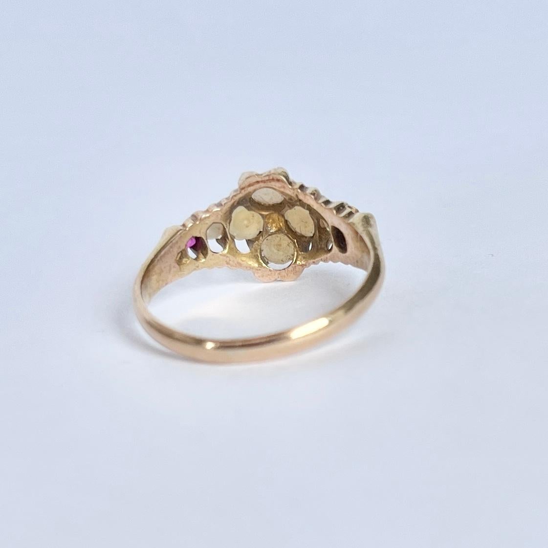 Victorian Ruby and Pearl 15 Carat Gold Ring In Good Condition For Sale In Chipping Campden, GB
