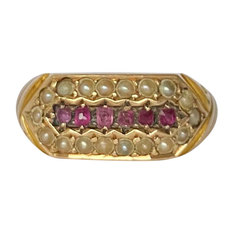 Victorian Ruby and Pearl 15 Carat Gold Ring For Sale