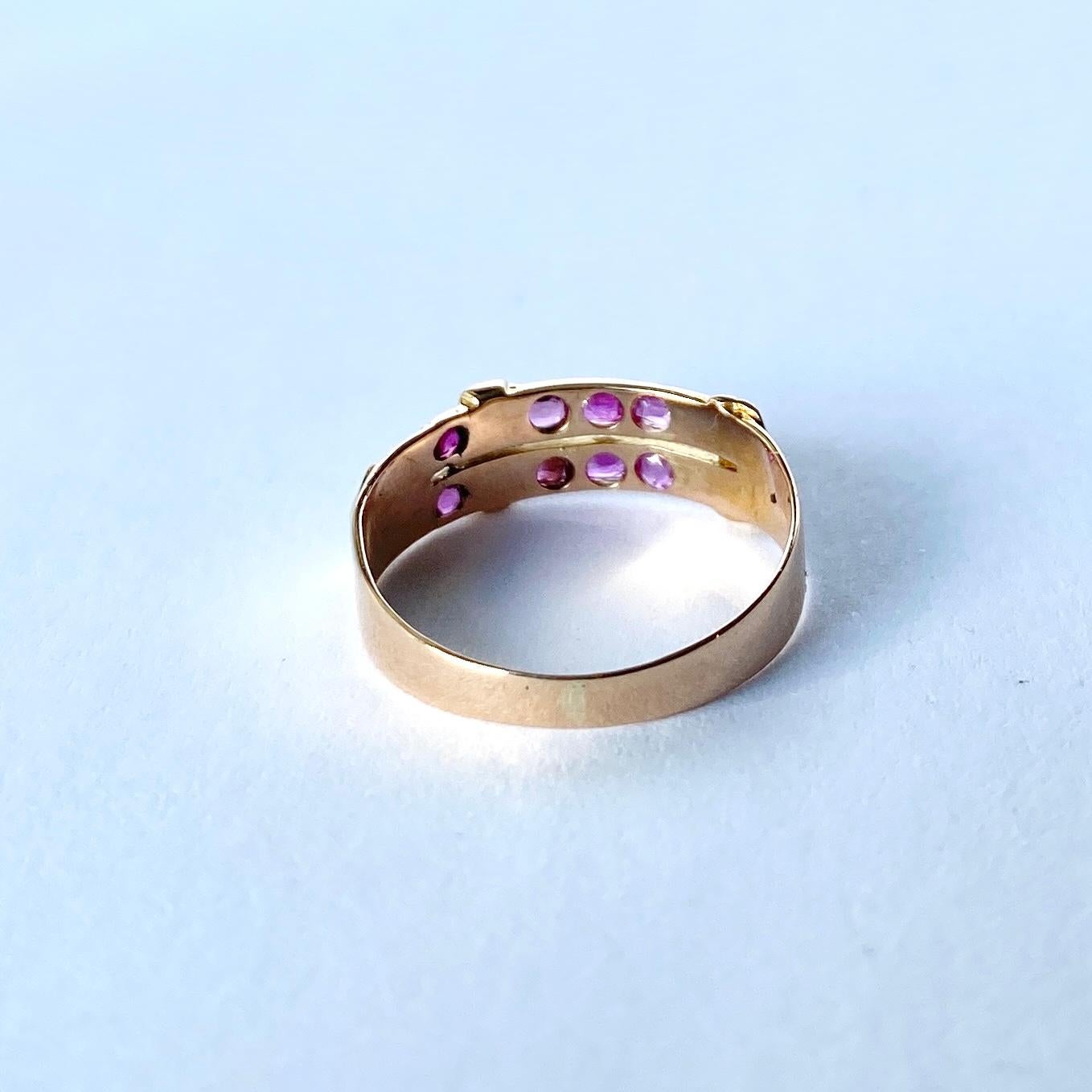 Old Mine Cut Victorian Ruby and Pearl 18Carat Gold Buckle Ring 